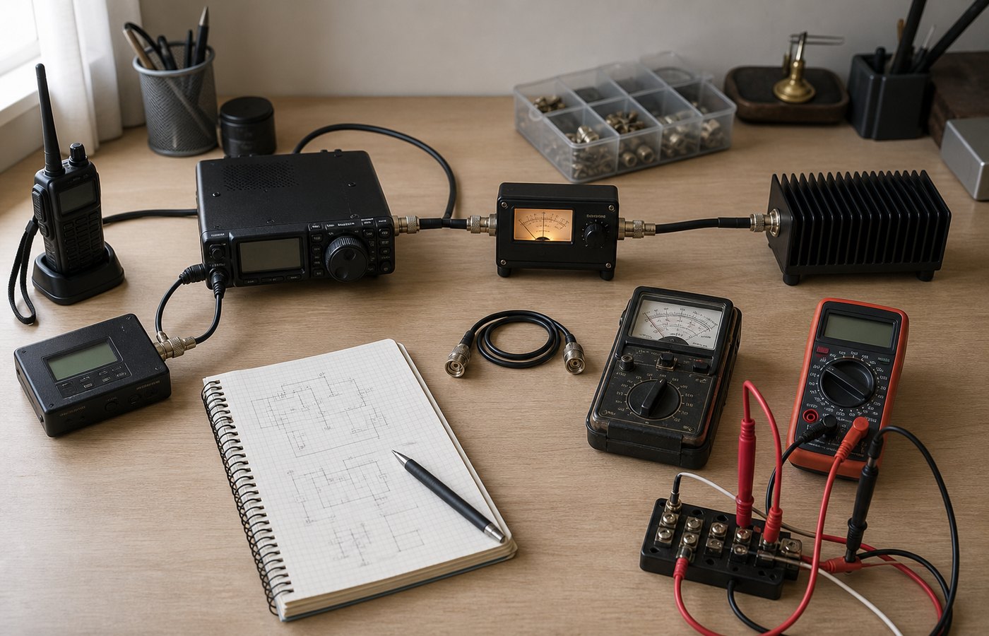 A wooden desk carrying a small HF transceiver, a handheld on its charger, a digital frequency counter, an SWR and power meter with an analogue needle, and a finned dummy load. The transceiver, the meter and the dummy load are joined in a line by short coaxial jumpers. An analogue and a digital multimeter sit alongside, with test leads, a terminal block and a graph-paper notebook.